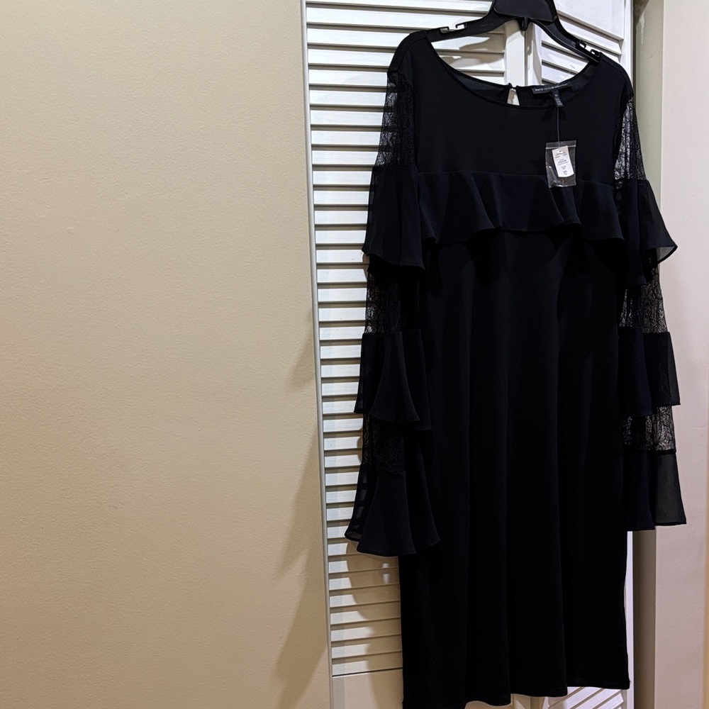 NEW White House Black Market Black Tiered Ruffle Long Sleeve Lace Dress